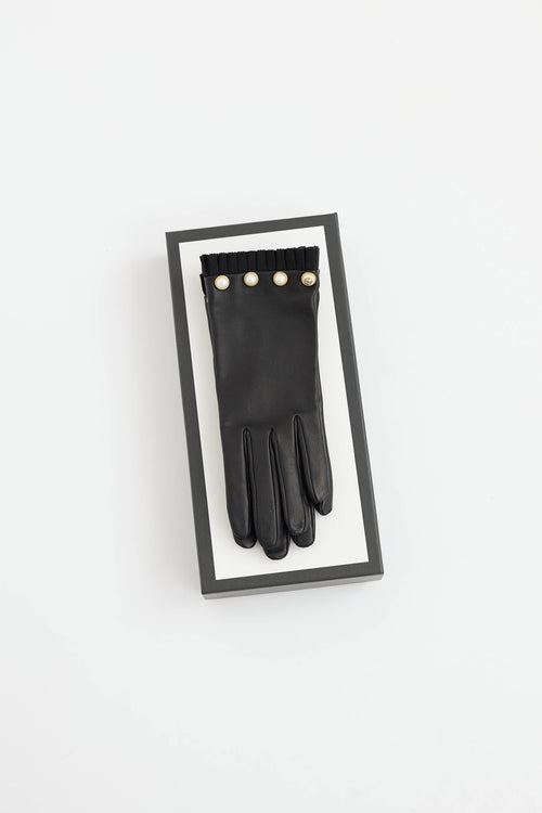Gucci Leather Pearl Ruffle Gloves