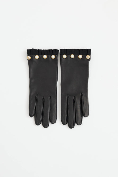 Gucci Leather Pearl Ruffle Gloves