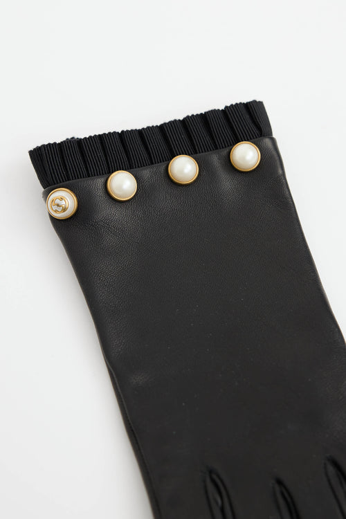 Gucci Leather Pearl Ruffle Gloves