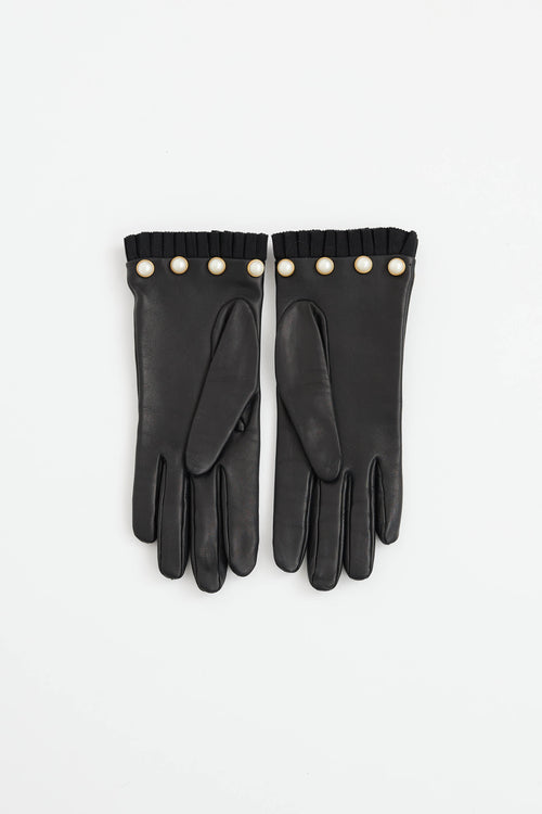 Gucci Leather Pearl Ruffle Gloves