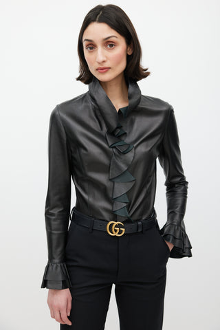 Gucci Black Leather Ruffled Shirt