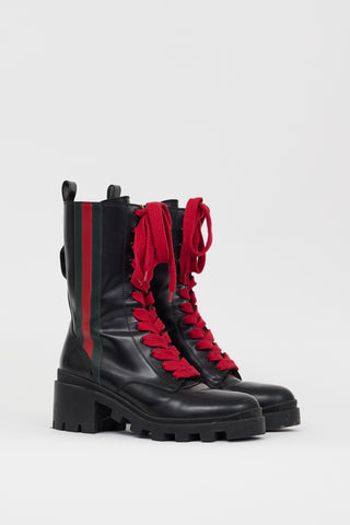 Gucci Black Leather Web Stripe Combat Boot
