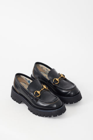 Gucci Black & Gold Leather Embroidered Lug Sole Loafer