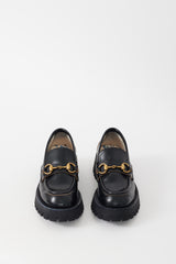 Gucci Black & Gold Leather Embroidered Lug Sole Loafer