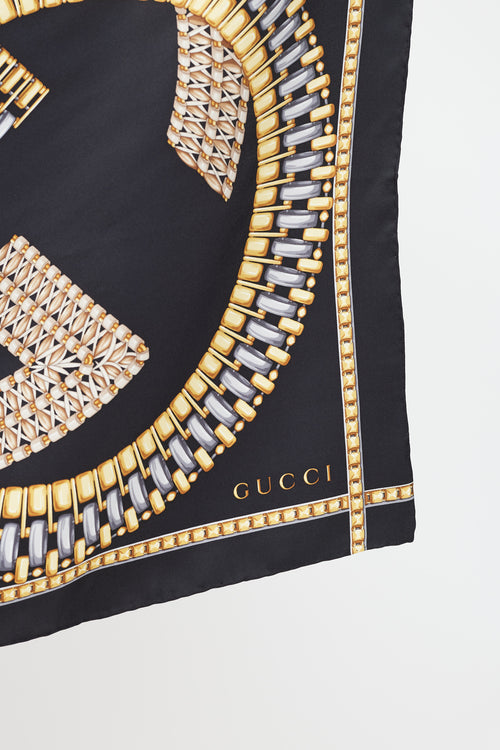 Gucci Black & Multi GG Link Printed Silk Scarf