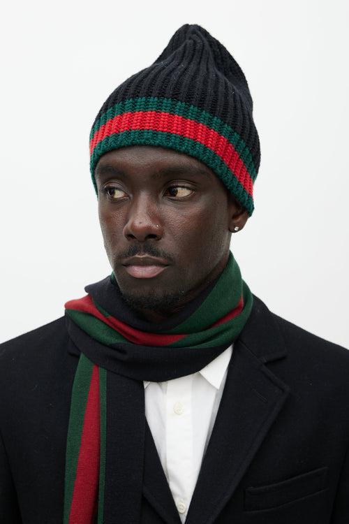 Gucci Black & Multicolour Wool Striped Beanie