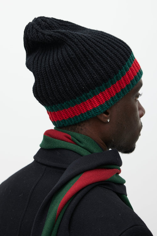 Gucci Black & Multicolour Wool Striped Beanie