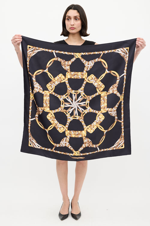 Gucci Black & Multi Silk Braided Hardware Printed Scarf