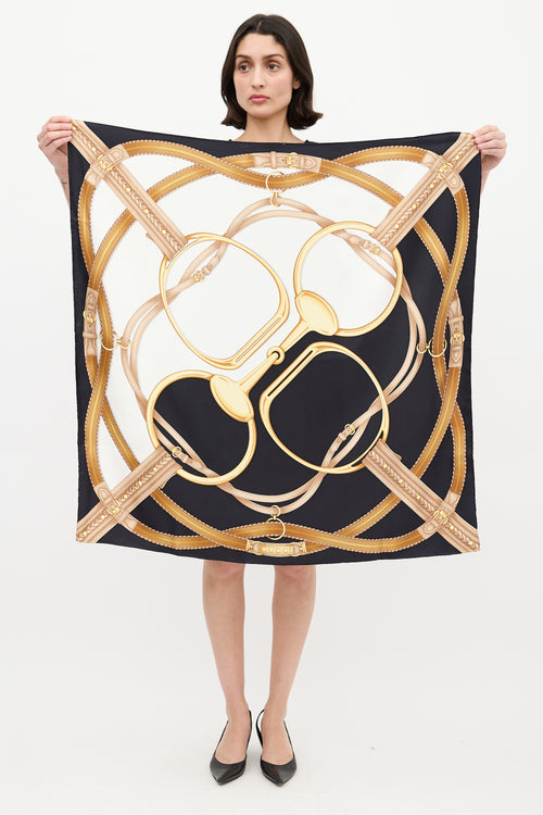 Gucci Black & Multi Silk Hardware Printed Scarf