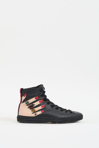 Gucci Black & Multicolour Leather Embellished High Top Sneaker