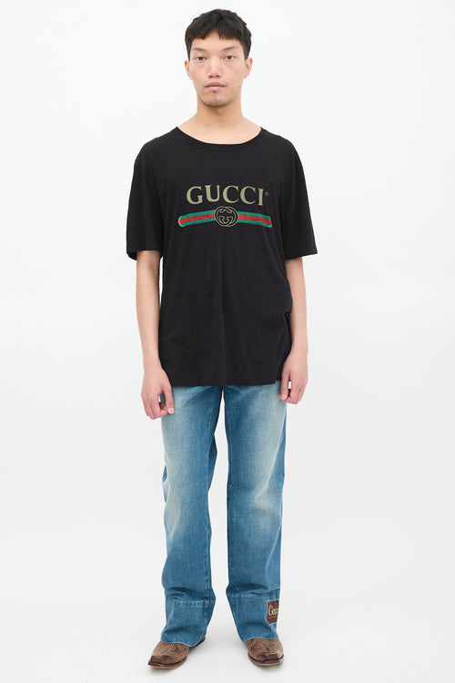 Gucci Black & Multicolour Logo Distressed T-shirt