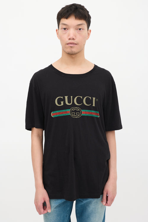 Gucci Black & Multicolour Logo Distressed T-shirt