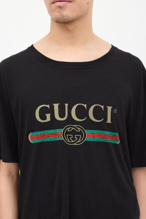 Gucci Black & Multicolour Logo Distressed T-shirt