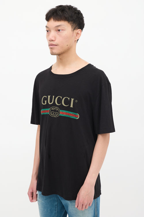 Gucci Black & Multicolour Logo Distressed T-shirt