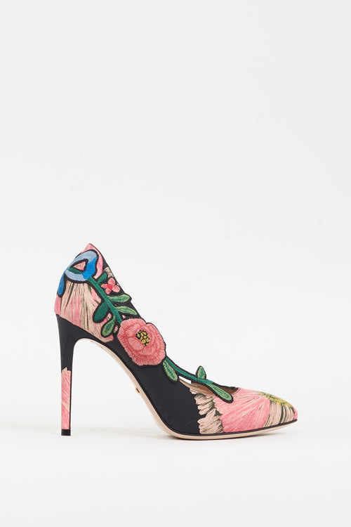 Gucci Black & Multicolour Ophelia Floral Embroidered Heel