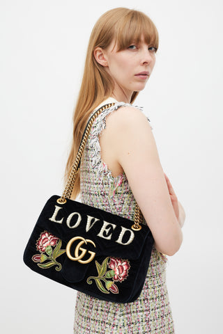 Gucci Black & Multicolour Velvet Loved Marmont Bag