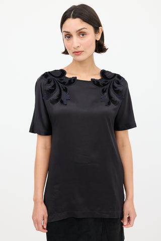 Gucci Black & Navy Satin Floral Embroidered Top
