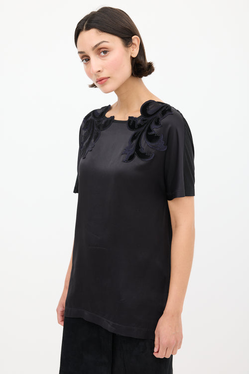 Gucci Black & Navy Satin Floral Embroidered Top