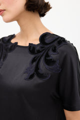 Gucci Black & Navy Satin Floral Embroidered Top