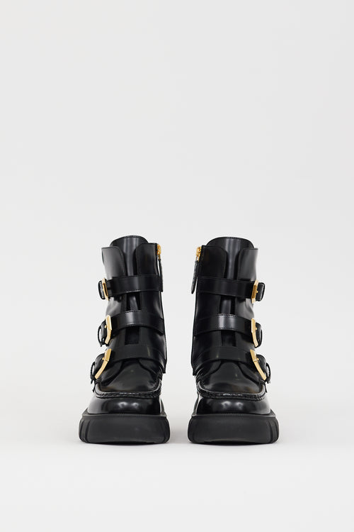 Gucci Black Patent Leather Buckled Combat Boot