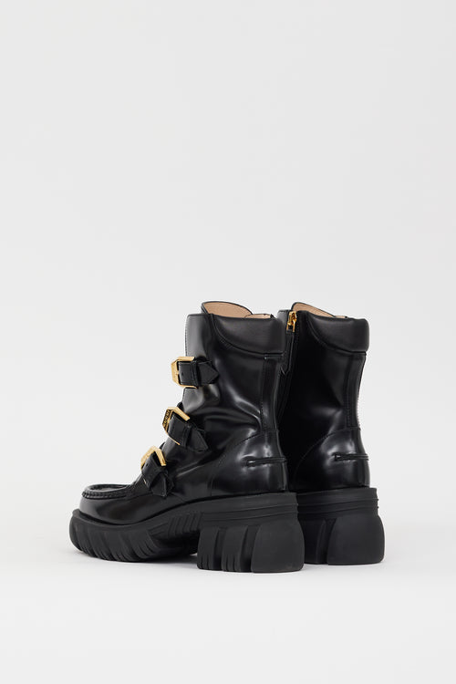 Gucci Black Patent Leather Buckled Combat Boot