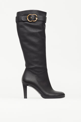 Gucci Black Pebbled Leather Knee High Pump Boot