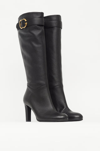 Gucci Black Pebbled Leather Knee High Pump Boot