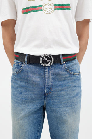 Gucci Black & Silver Interlocking GG Webbed Belt