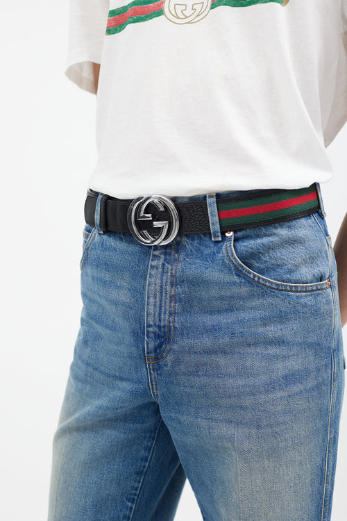 Gucci Black & Silver Interlocking GG Webbed Belt