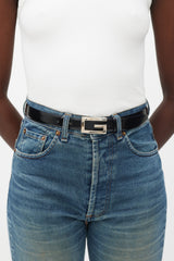 Gucci Black & Silver Spazzolato Leather Logo Belt