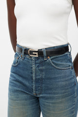 Gucci Black & Silver Spazzolato Leather Logo Belt