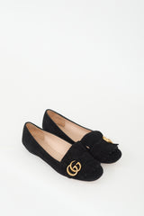 Gucci Black Suede GG Marmont Kiltie Fringe Flat