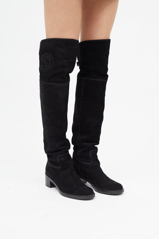 Gucci Black Suede Logo Knee High Boot