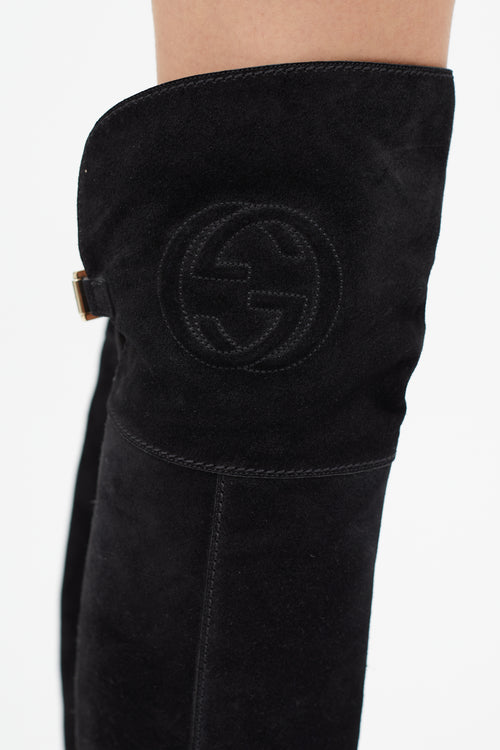 Gucci Black Suede Logo Knee High Boot