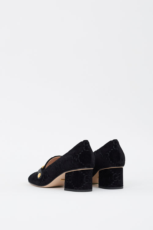 Gucci Black Velvet GG Sylvie Web Chain Heeled Loafer