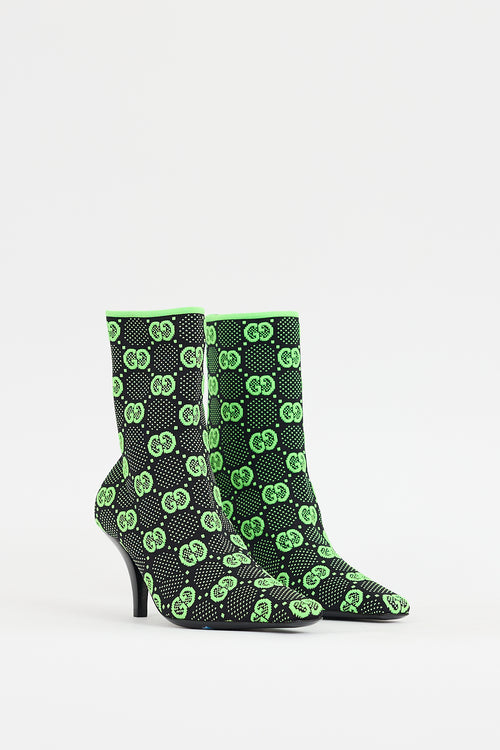 Gucci Black & Neon Green Technical Jersey Monogram Boot