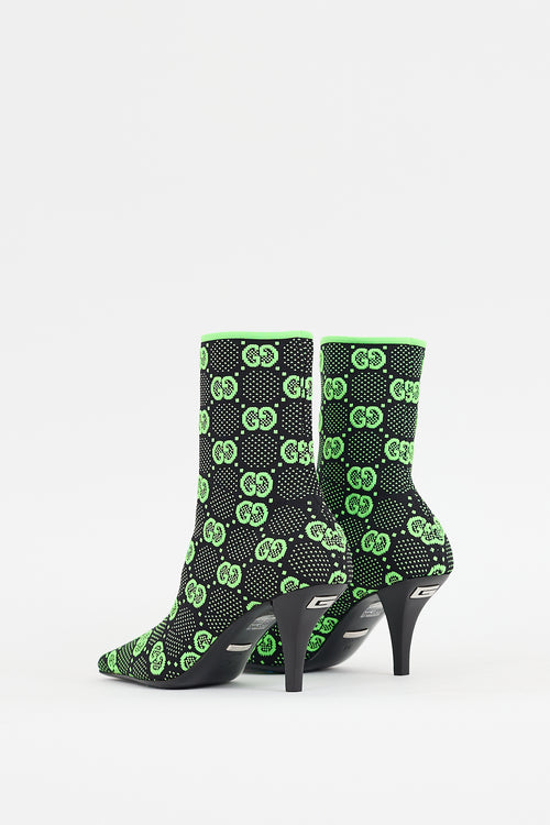 Gucci Black & Neon Green Technical Jersey Monogram Boot