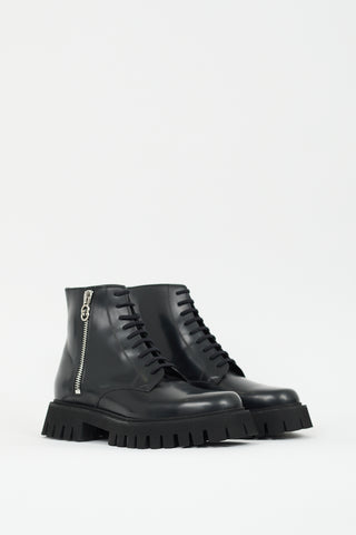 Gucci Black Leather GG Zip Novo Lug Boot