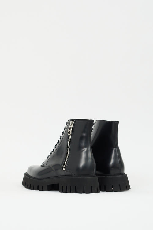 Gucci Black Leather GG Zip Novo Lug Boot