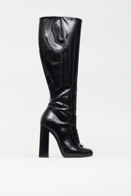 Gucci Black Patent Horsebit High Heel Boot