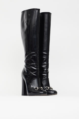Gucci Black Patent Horsebit High Heel Boot