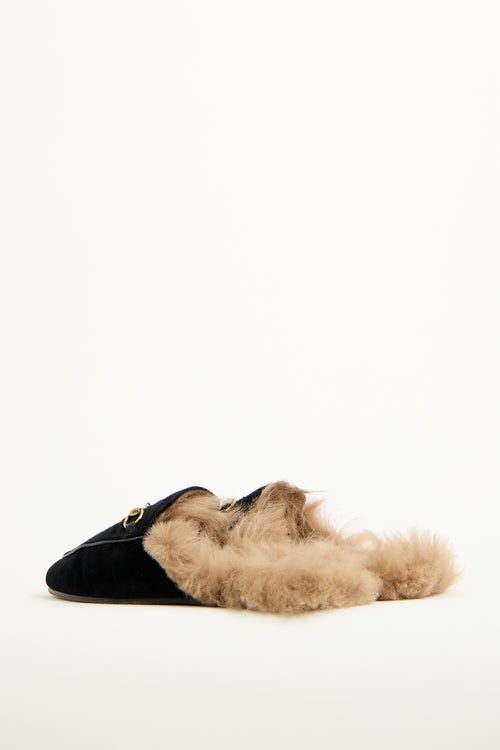 Gucci Black Velvet Fur Princetown Mule