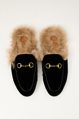 Gucci Black Velvet Fur Princetown Mule