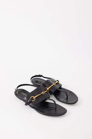 Gucci Black Leather & Gold Hardware T-Strap Sandal