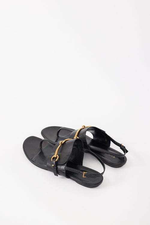 Gucci Black Leather & Gold Hardware T-Strap Sandal