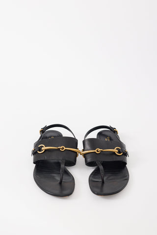 Gucci Black Leather & Gold Hardware T-Strap Sandal