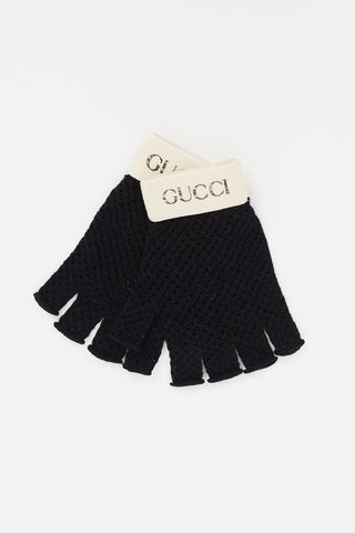 Gucci Black & Beige Mesh Knit Fingerless Gloves