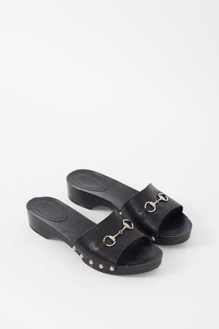 Gucci Black & Silver Leather & Wood Slide