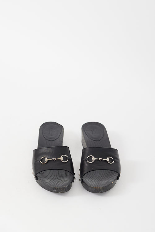 Gucci Black & Silver Leather & Wood Slide
