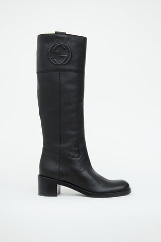 Gucci Black Tall Grain Leather GG Logo Boot